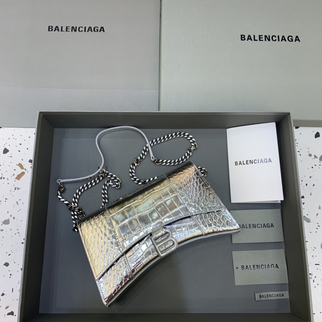 Balenciaga Big Hourglass Wallet With Chain Crocodile Embossed Shoulder Bag Silver